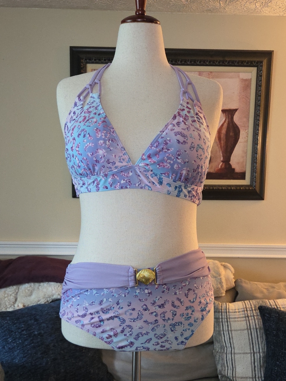 Lavender Leopard Print Bikini Set with Shell Accent